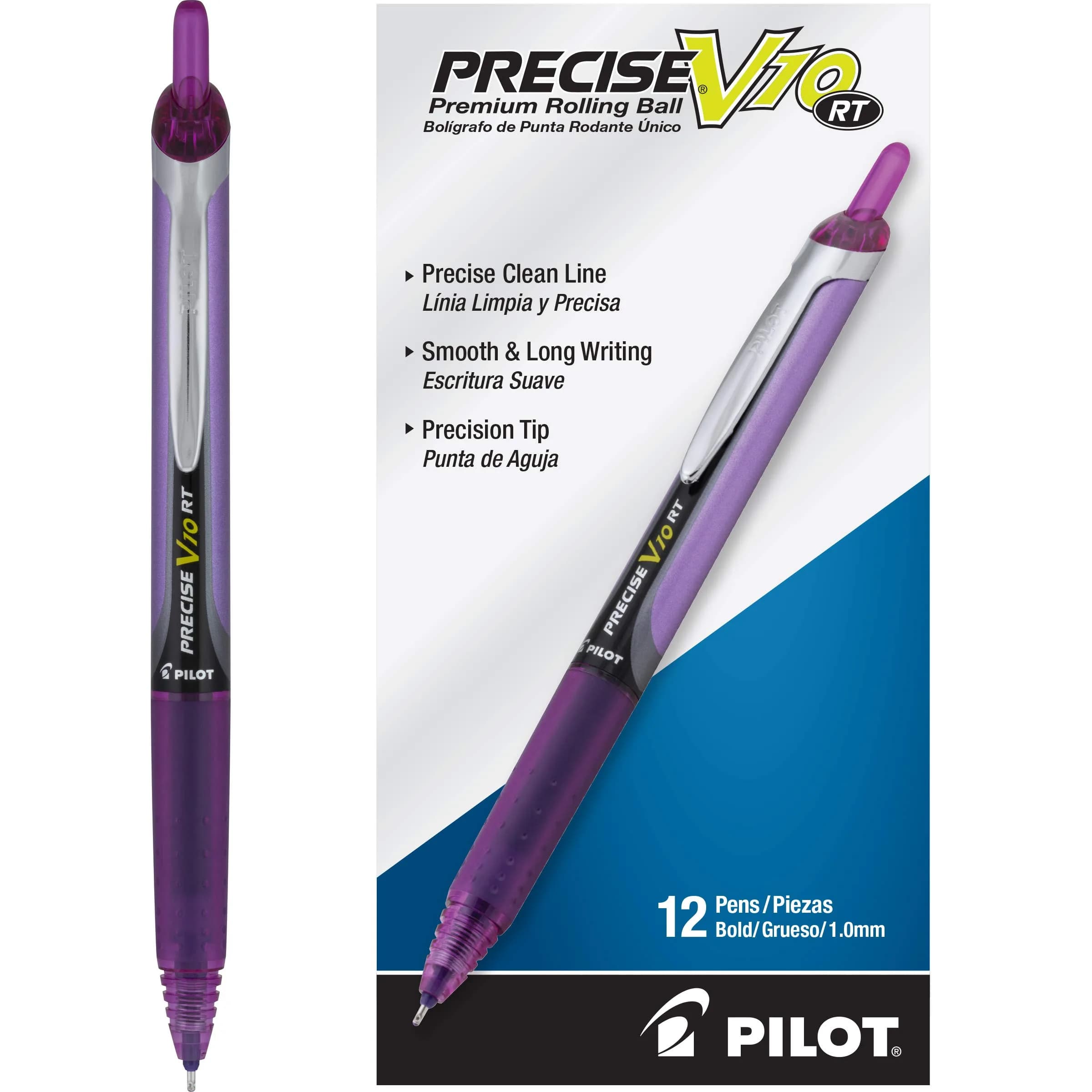 PILOT Precise V10 RT Retractable Rollerball Pens, 1.0mm Bold Point, Purple, 12-Pack | Smooth Writing Liquid Ink - main product image