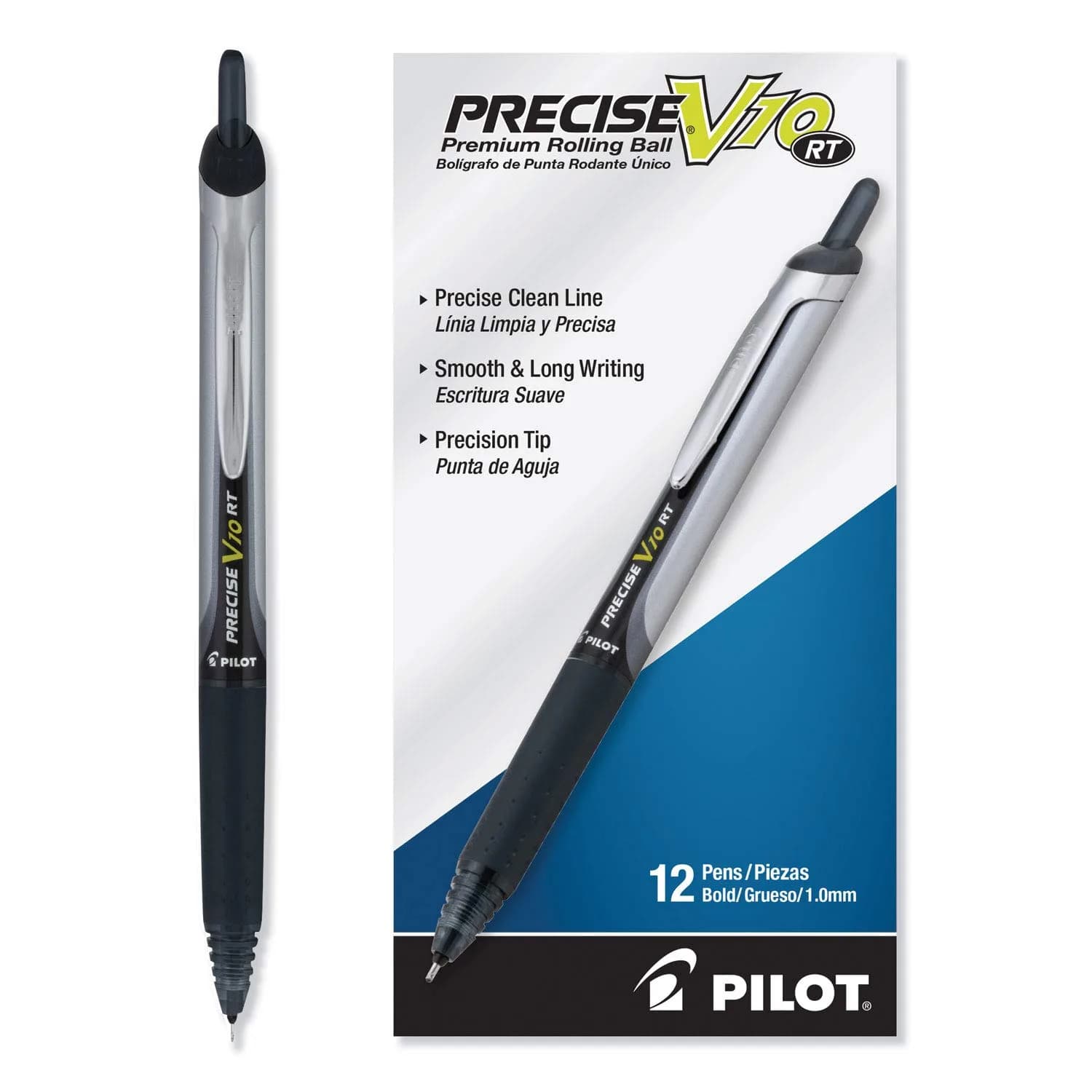 PILOT Precise V10 RT Retractable Ball Pens 1.0mm Black | Smooth Liquid Ink, Bold Point, Refillable, 12-Pack