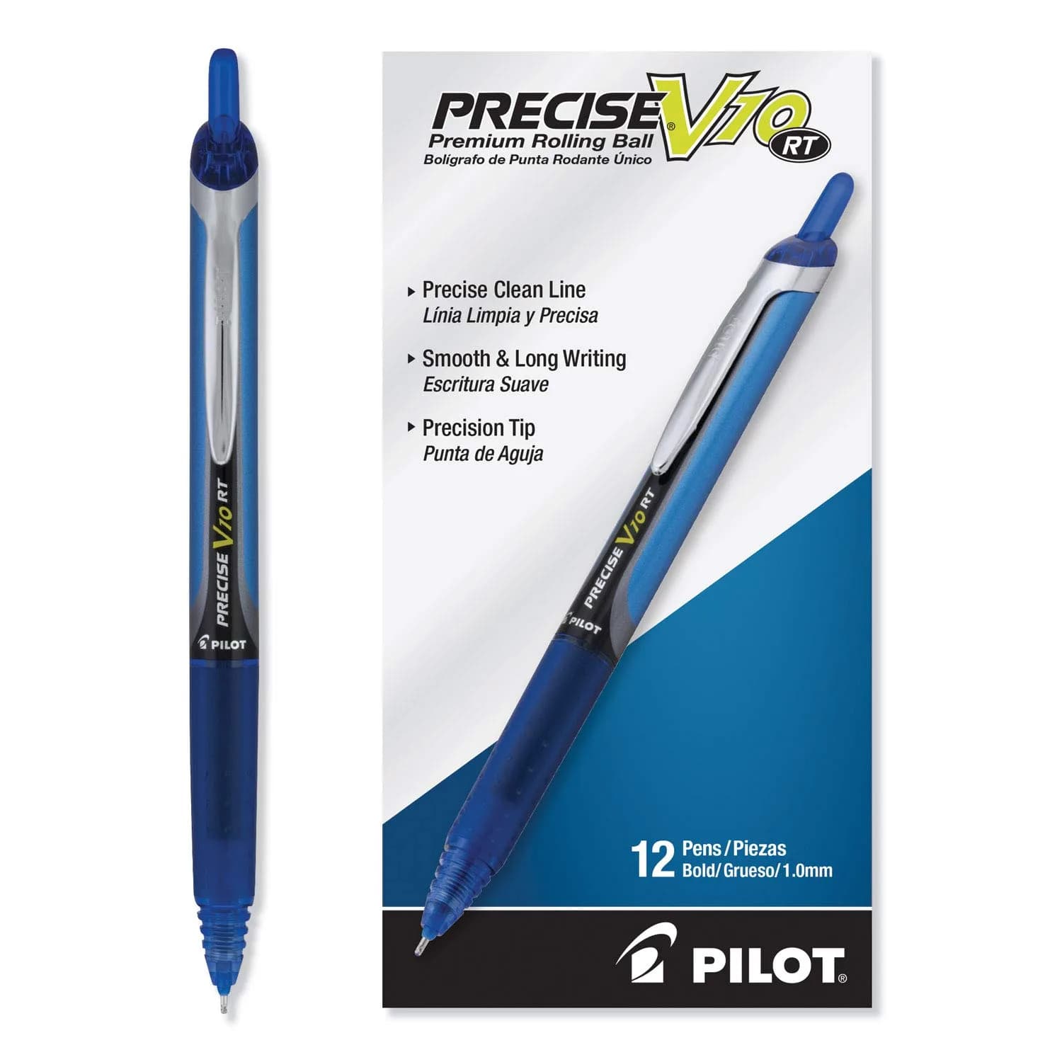 PILOT Precise V10 RT Retractable Ball Pens, 1.0mm Bold Point Blue, 12-Pack | Smooth Writing Liquid Ink — Blue