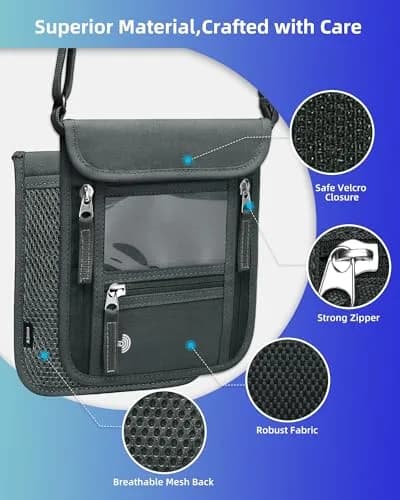 WALNEW RFID Blocking Passport Holder Neck Pouch | Slim Travel Wallet with Lanyard Strap, Gray (18.8cm x 15cm x 2.4cm) thumbnail 4