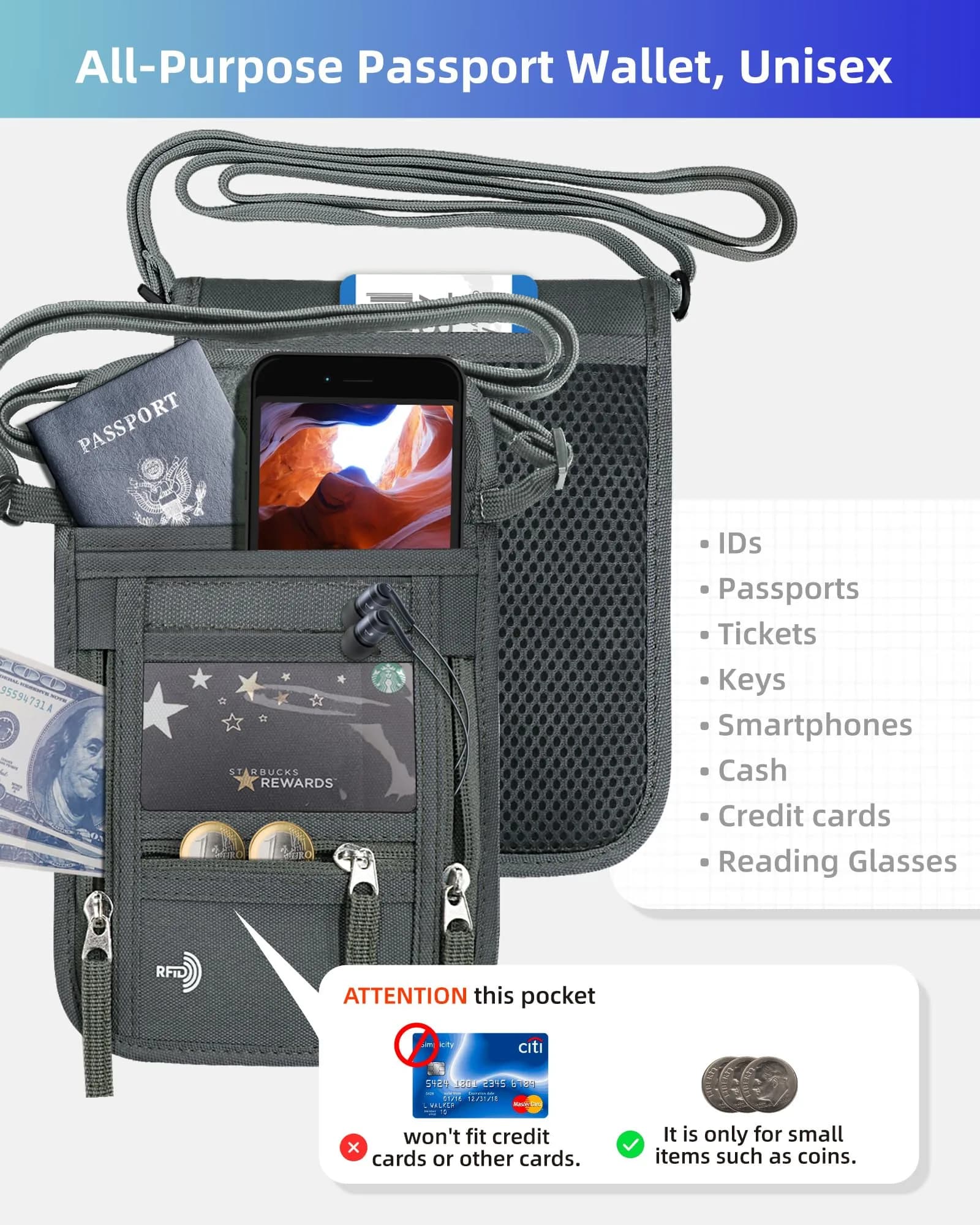 WALNEW RFID Blocking Passport Holder Neck Pouch | Slim Travel Wallet with Lanyard Strap, Gray (18.8cm x 15cm x 2.4cm) - view 5