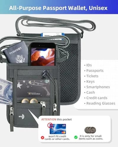 WALNEW RFID Blocking Passport Holder Neck Pouch | Slim Travel Wallet with Lanyard Strap, Gray (18.8cm x 15cm x 2.4cm) thumbnail 5