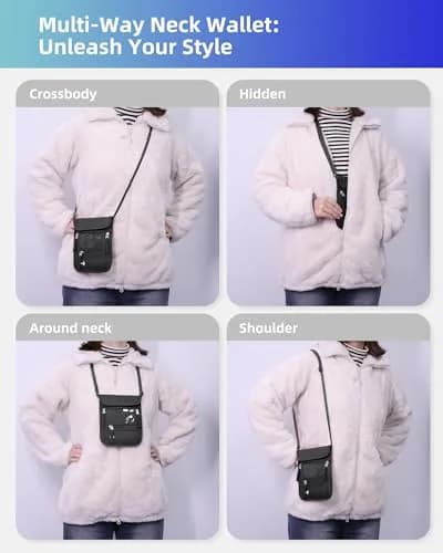 WALNEW RFID Blocking Passport Holder Neck Pouch | Slim Travel Wallet with Lanyard Strap, Gray (18.8cm x 15cm x 2.4cm) thumbnail 6