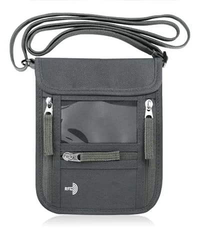 WALNEW RFID Blocking Passport Holder Neck Pouch | Slim Travel Wallet with Lanyard Strap, Gray (18.8cm x 15cm x 2.4cm) thumbnail 1