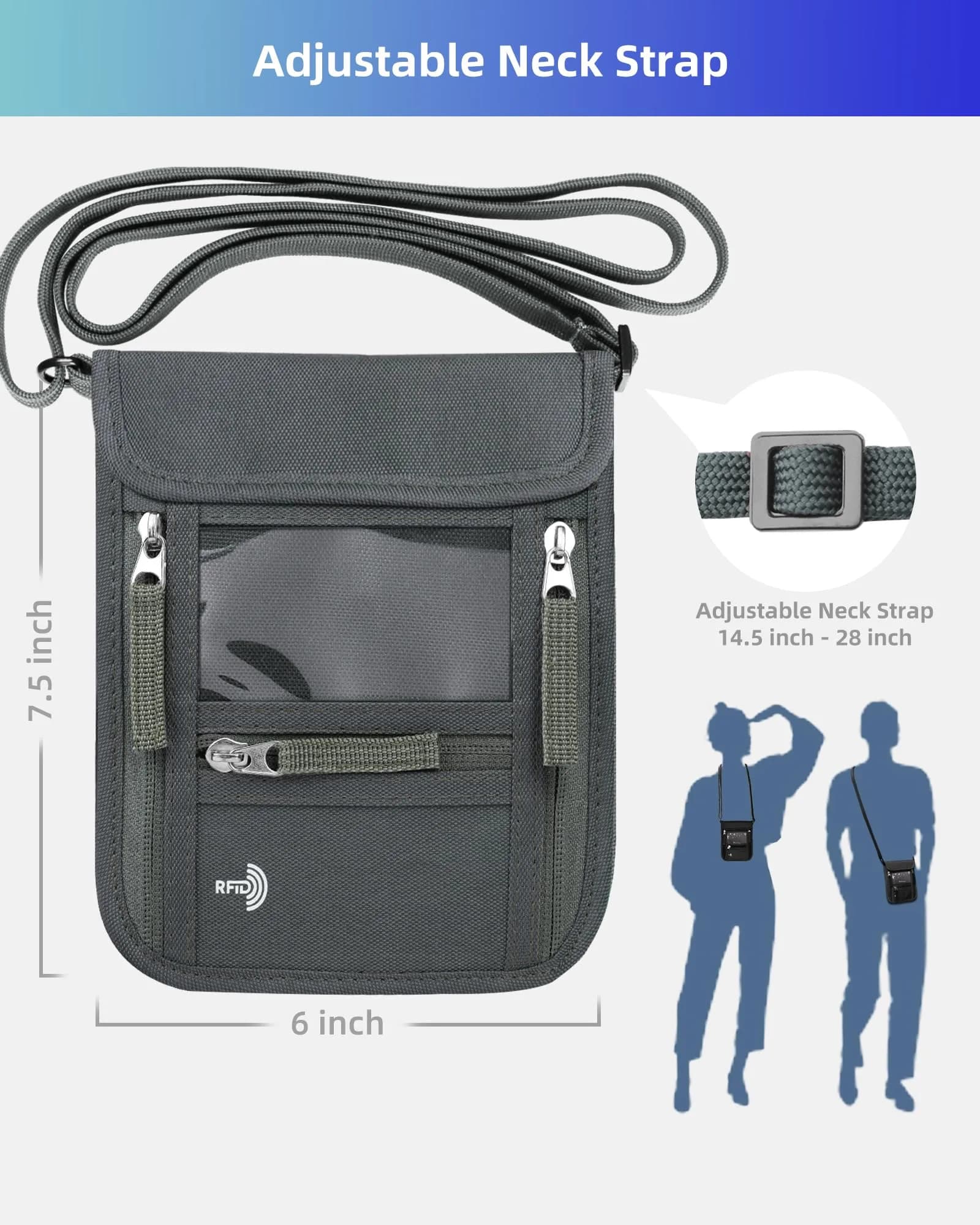WALNEW RFID Blocking Passport Holder Neck Pouch - Gray | Secure Travel Wallet for Men & Women - view 2