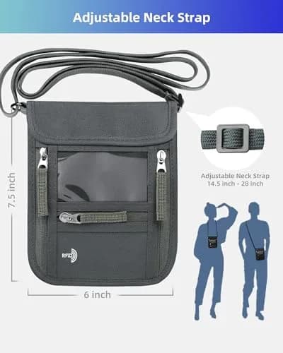 WALNEW RFID Blocking Passport Holder Neck Pouch | Slim Travel Wallet with Lanyard Strap, Gray (18.8cm x 15cm x 2.4cm) thumbnail 2