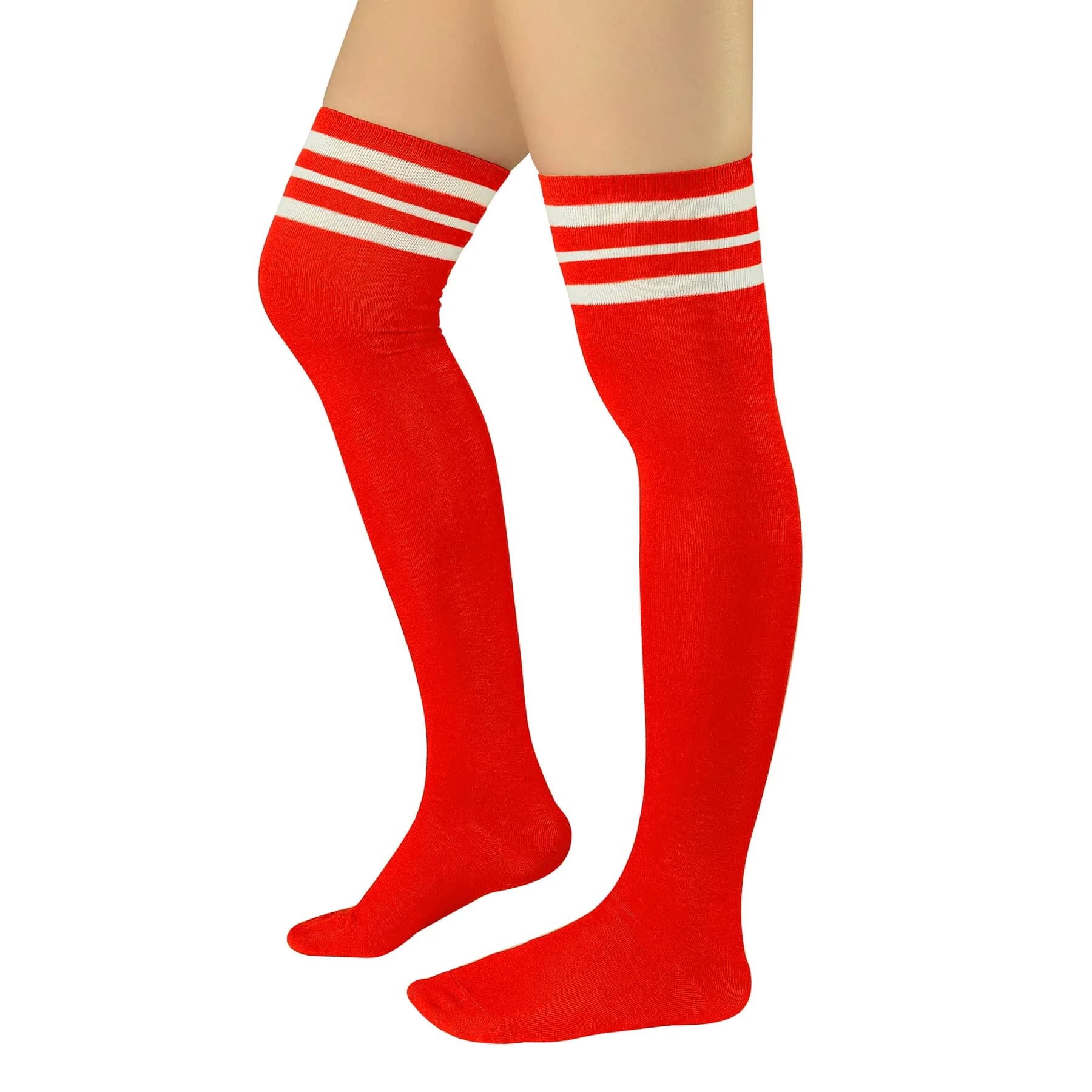 Zando Thigh High Socks for Women | Blue & White Stripes, One Size, Cosplay & Casual Wear — M 1 Pair Red White