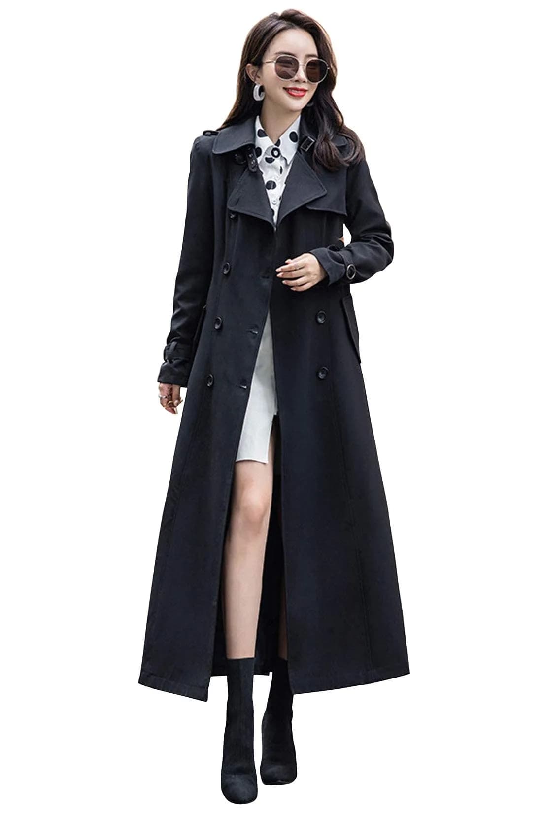 ebossy Women's Double Breasted Duster Trench Coat Slim Long Sleeve Overcoat (M, Black) | Classic Windproof Long Coat for Women