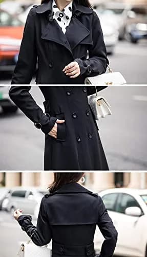 ebossy Women's Double Breasted Duster Trench Coat Slim Long Sleeve Overcoat (M, Black) | Classic Windproof Long Coat for Women thumbnail 5
