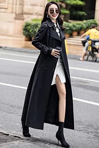 ebossy Women's Double Breasted Duster Trench Coat Slim Long Sleeve Overcoat (M, Black) | Classic Windproof Long Coat for Women thumbnail 2
