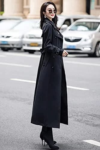 ebossy Women's Double Breasted Duster Trench Coat Slim Long Sleeve Overcoat (M, Black) | Classic Windproof Long Coat for Women thumbnail 3