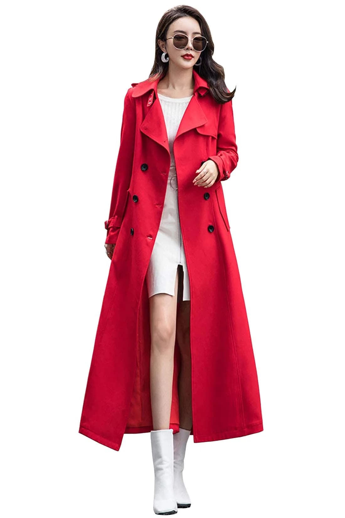 ebossy Women's Double Breasted Duster Trench Coat Slim Long Sleeve Overcoat (L, Red) | Classic Windproof Layer for Fall & Winter