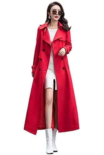 ebossy Women's Double Breasted Duster Trench Coat Slim Long Sleeve Overcoat (L, Red) | Classic Windproof Layer for Fall & Winter thumbnail 1