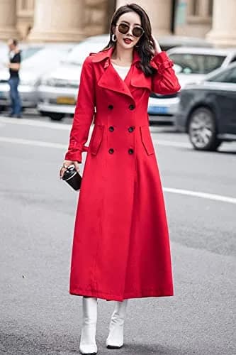 ebossy Women's Double Breasted Duster Trench Coat Slim Long Sleeve Overcoat (L, Red) | Classic Windproof Layer for Fall & Winter thumbnail 4