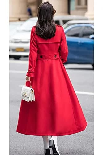 ebossy Women's Double Breasted Duster Trench Coat Slim Long Sleeve Overcoat (L, Red) | Classic Windproof Layer for Fall & Winter thumbnail 5