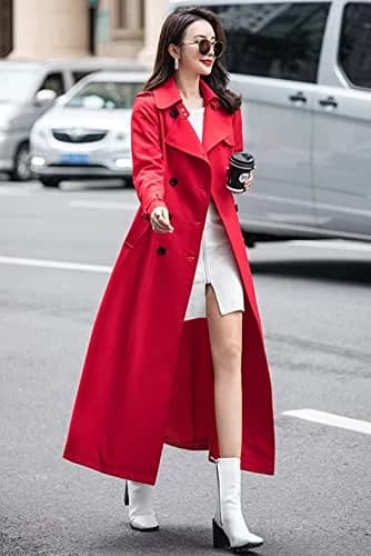 ebossy Women's Double Breasted Duster Trench Coat Slim Long Sleeve Overcoat (L, Red) | Classic Windproof Layer for Fall & Winter thumbnail 2