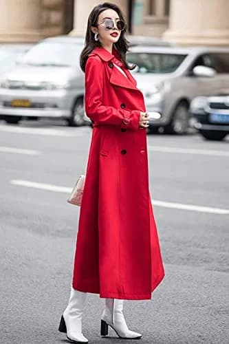 ebossy Women's Double Breasted Duster Trench Coat Slim Long Sleeve Overcoat (L, Red) | Classic Windproof Layer for Fall & Winter thumbnail 3