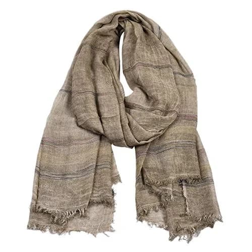 Kangqifen Unisex Striped Cotton Linen Scarf 75 x 35 inches Khaki | Lightweight & Soft thumbnail 1