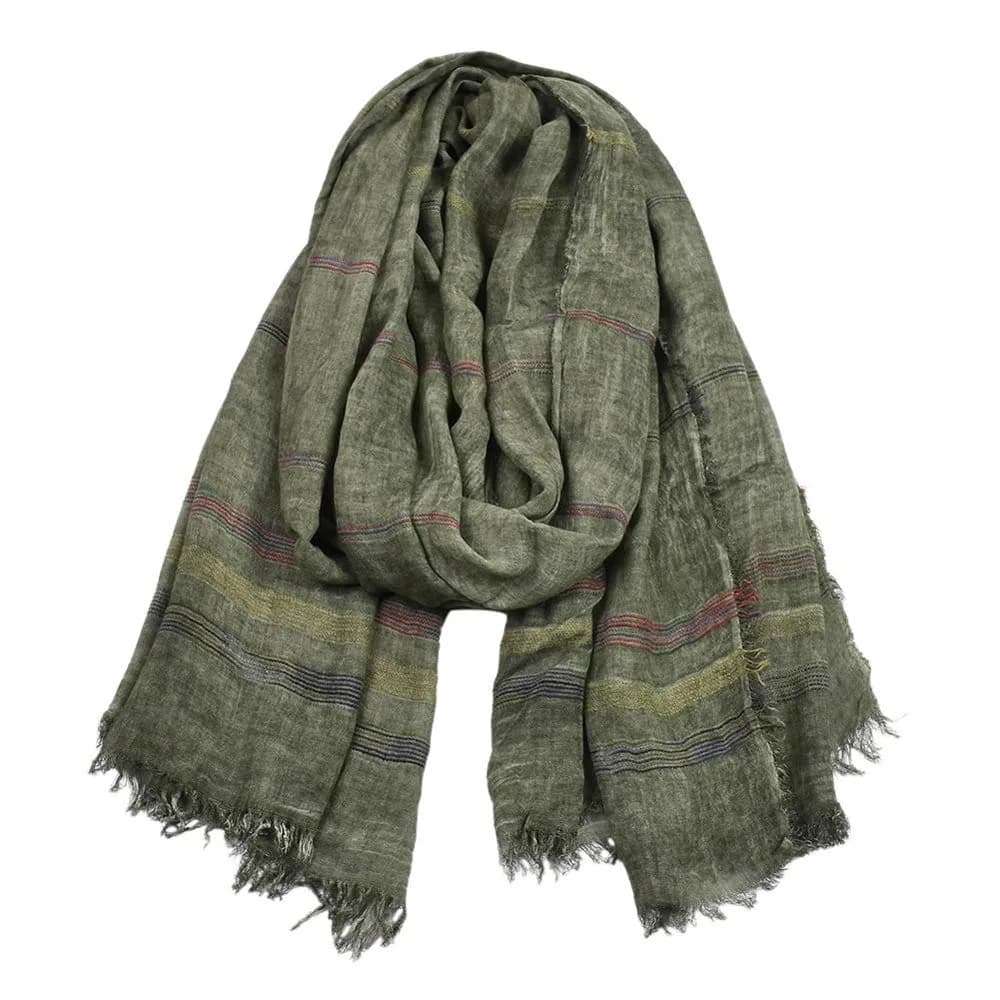 Kangqifen Unisex Striped Cotton Linen Scarf 75 x 35 inches | Lightweight & Soft for All Seasons — Dark Green