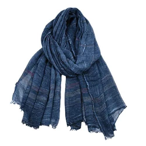 Kangqifen Unisex Striped Cotton Linen Scarf 75 x 35 inches Navy blue | Lightweight & Soft thumbnail 1