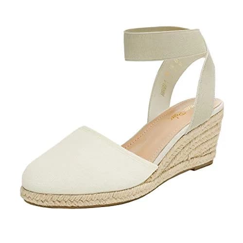 DREAM PAIRS Women's Ankle Strap Wedge Sandals, Size 9.5 (2.4 inch heel) Beige/White | Comfortable & Stylish Summer Footwear thumbnail 1