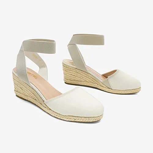 DREAM PAIRS Women's Ankle Strap Wedge Sandals, Size 9.5 (2.4 inch heel) Beige/White | Comfortable & Stylish Summer Footwear thumbnail 6