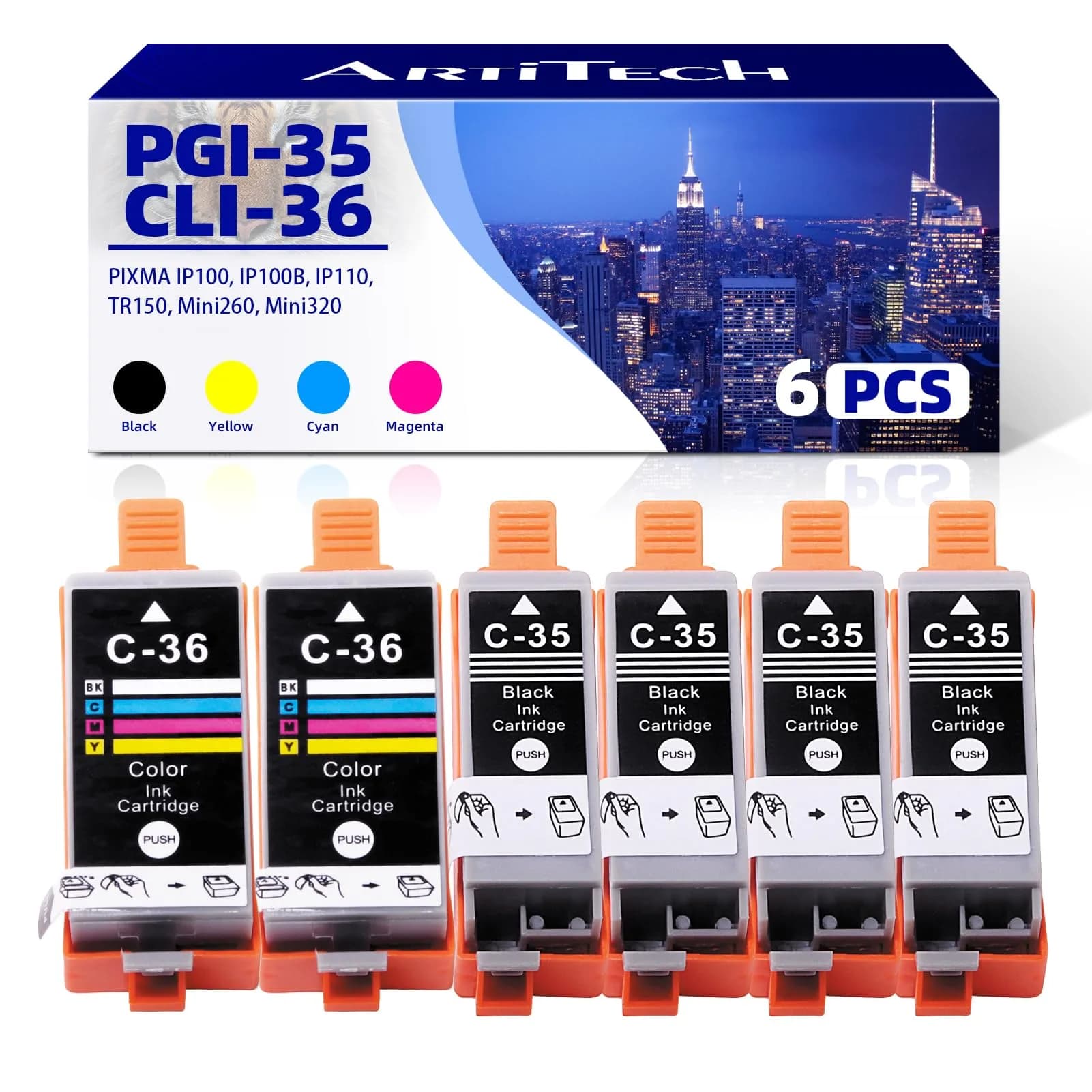 ARTITECH 3-Pack PGI-35 CLI-36 Ink Replacement for Canon 35 36 Ink Cartridges | Compatible with Canon PIXMA TR150 TR160 IP110 IP100 Mini260 Mini320 — PGI-35/CLI-36, 4B 2C