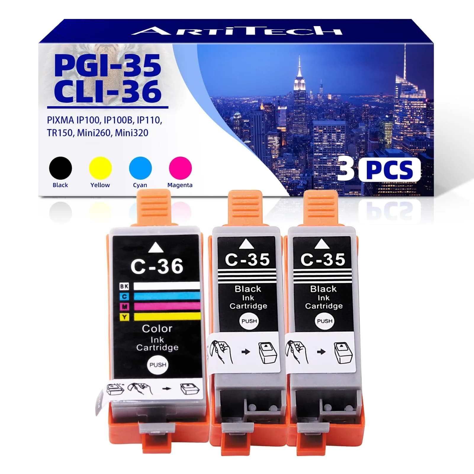 ARTITECH 3-Pack PGI-35 CLI-36 Ink Replacement for Canon 35 36 Ink Cartridges | Compatible with Canon PIXMA TR150 TR160 IP110 IP100 Mini260 Mini320 — PGI-35/36, 2B 1C