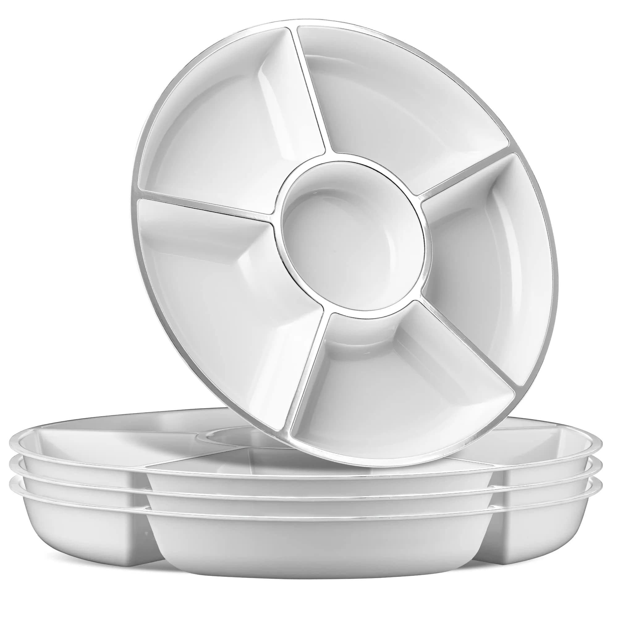 PLASTICPRO 12" Round Plastic Serving Tray/Platters White & Silver Rim Pack of 2 | Elegant & Durable