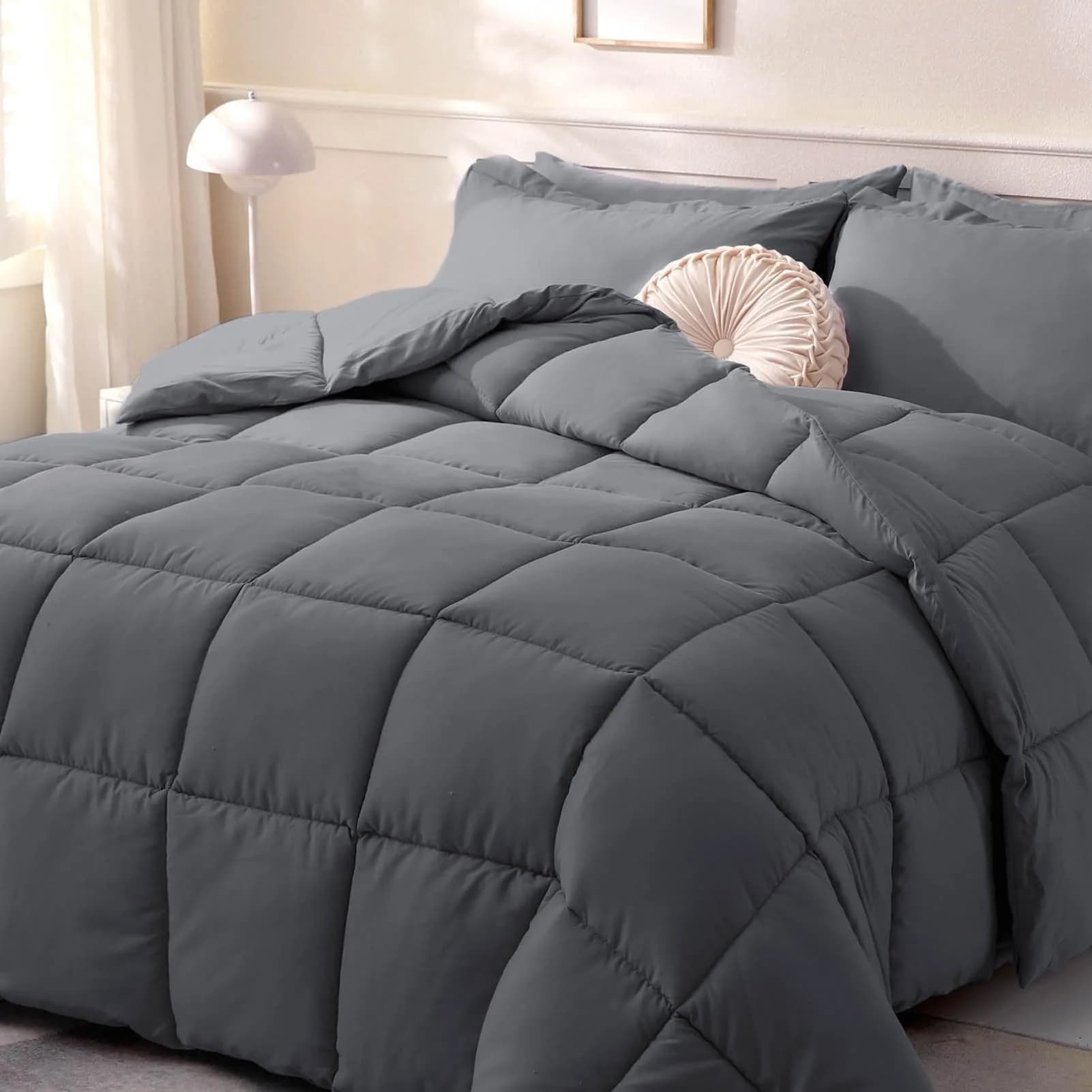 DOWNCOOL Comforters Queen Size, Dark Grey Duvet Insert, Lightweight Quilt | All-Season Microfiber