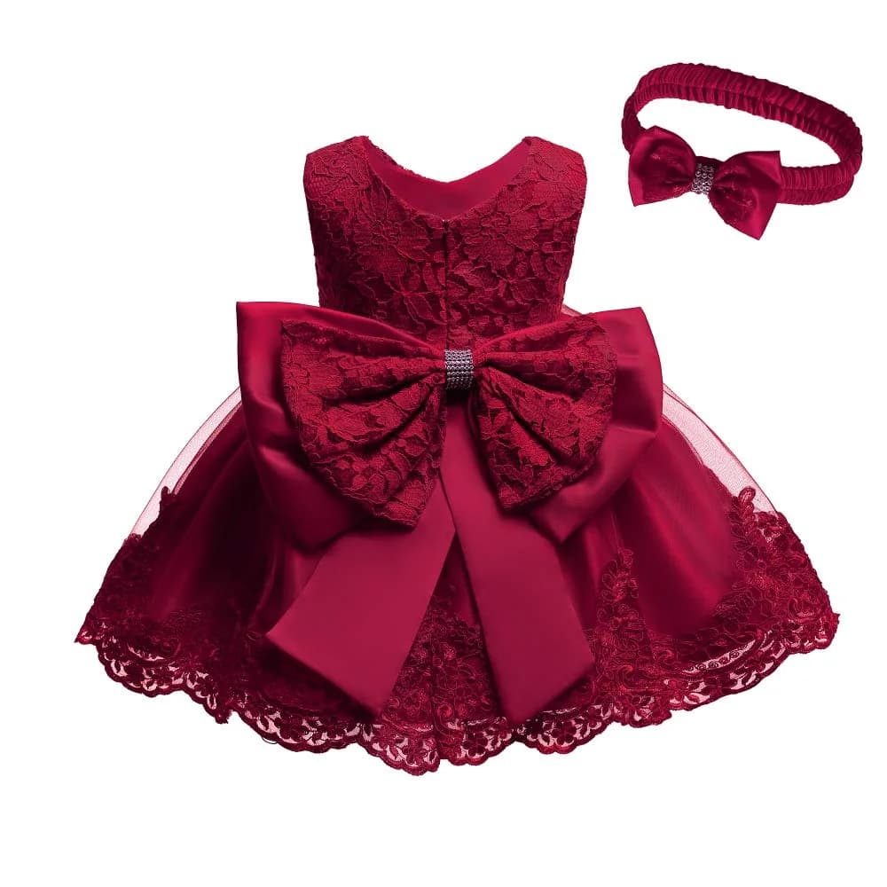 WZSYGDTC Baby Girls Christmas Embroidery Lace Dress 24M | Infant Formal Dress with V-Neck & Back Zip — Burgundy / 3-6 Months