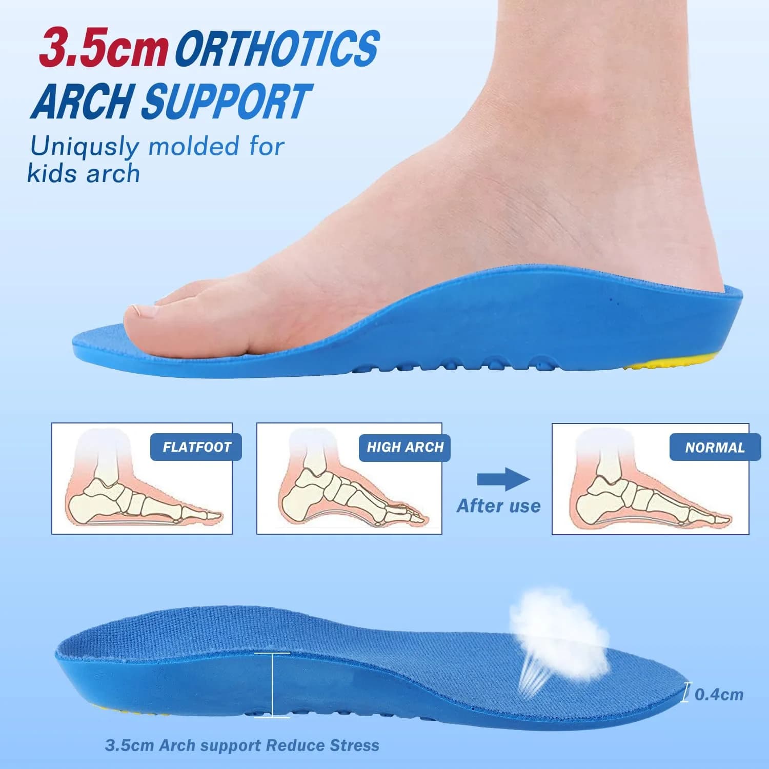 Bacophy Kids Arch Support Insoles 2.5-4.5 M US | Deep Heel Cup & Cushioning for Growing Feet thumbnail 2