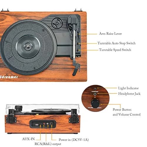 Udreamer Vinyl Record Player Wireless Turntable with Built-in Speakers & USB 32.5cm (12.8") | Belt-Driven for Clearer Sound thumbnail 6