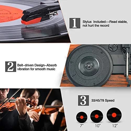 Udreamer Vinyl Record Player Wireless Turntable with Built-in Speakers & USB 32.5cm (12.8") | Belt-Driven for Clearer Sound thumbnail 3