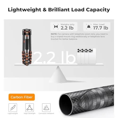 K&F CONCEPT 60" Carbon Fiber Camera Tripod with Detachable Monopod | Lightweight & Stable for DSLR thumbnail 3