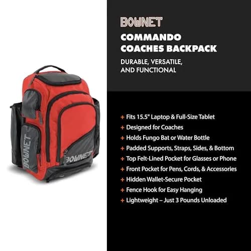 Bownet Commando Coaches Bat Bag, Fungo Holder & Laptop Pocket - Orange | Versatile Baseball & Softball Equipment Carrier thumbnail 2