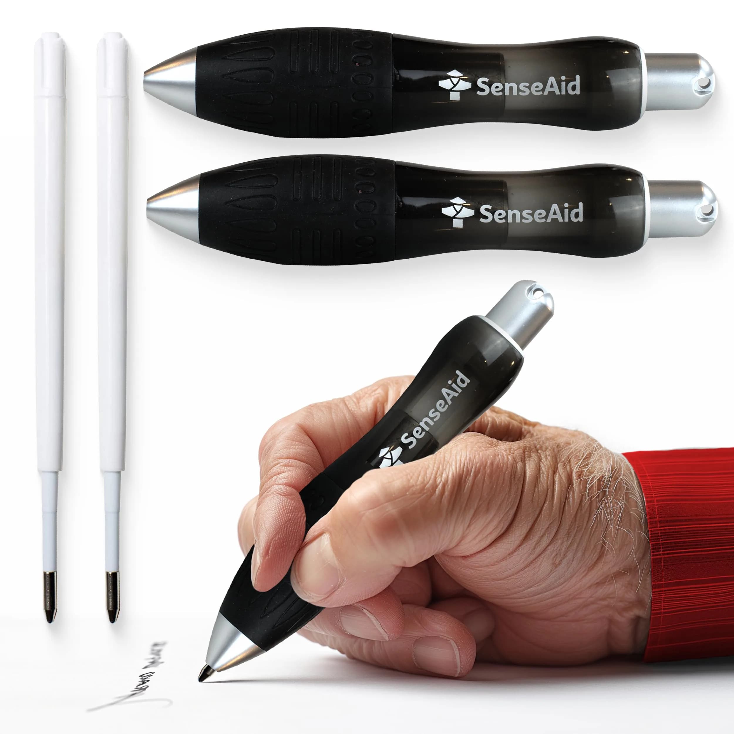 SenseAid Fat Heavy Weighted Pens (2 Pack) | Large Grip for Arthritis & Tremors — Black