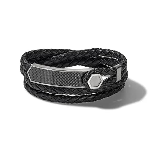 Bulova Jewelry Men's Precisionist Double Wrap Braided Leather Strap Bracelet | Black Leather, Stainless Steel Closure, 7-7.5 inches thumbnail 1