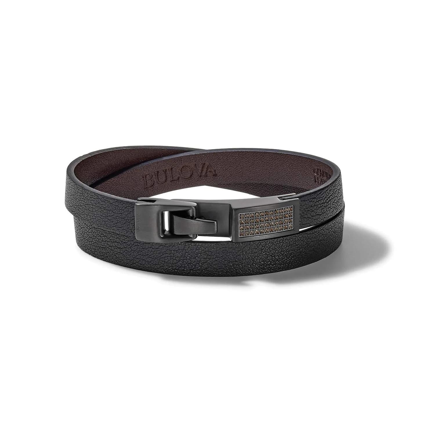 Bulova Jewelry Men's Latin Grammy Double Wrap Black Leather Bracelet with Diamonds and Clasp Closure | 7.5-8 inch Large — Brown Diamonds / Large