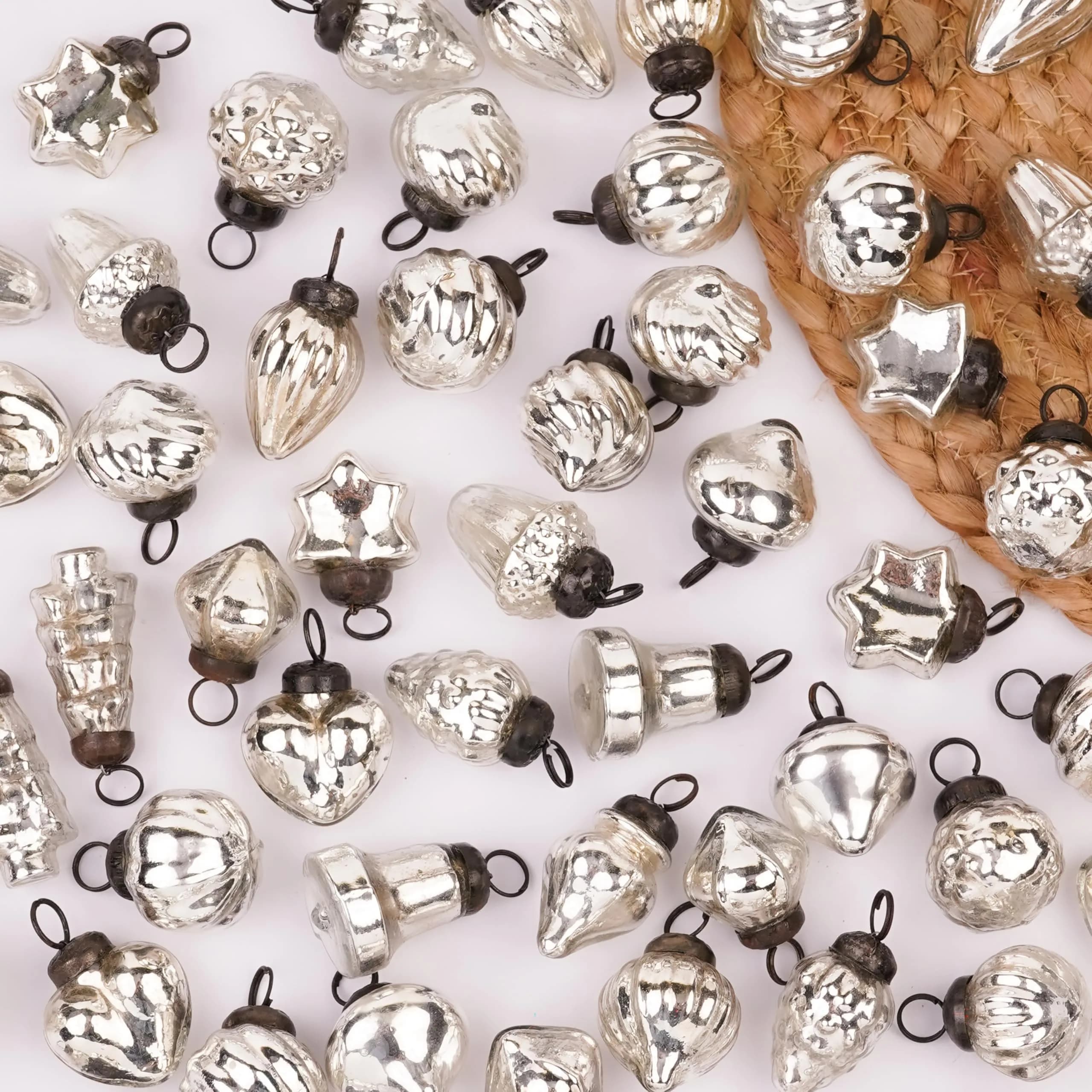 Indian Shelf Mini Silver Glass Christmas Ornaments Set of 25 | Vintage Modern Style - main product image