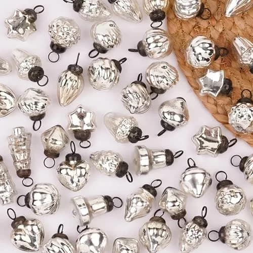 Indian Shelf Mini Silver Glass Christmas Ornaments Set of 25 | Vintage Modern Style thumbnail 1
