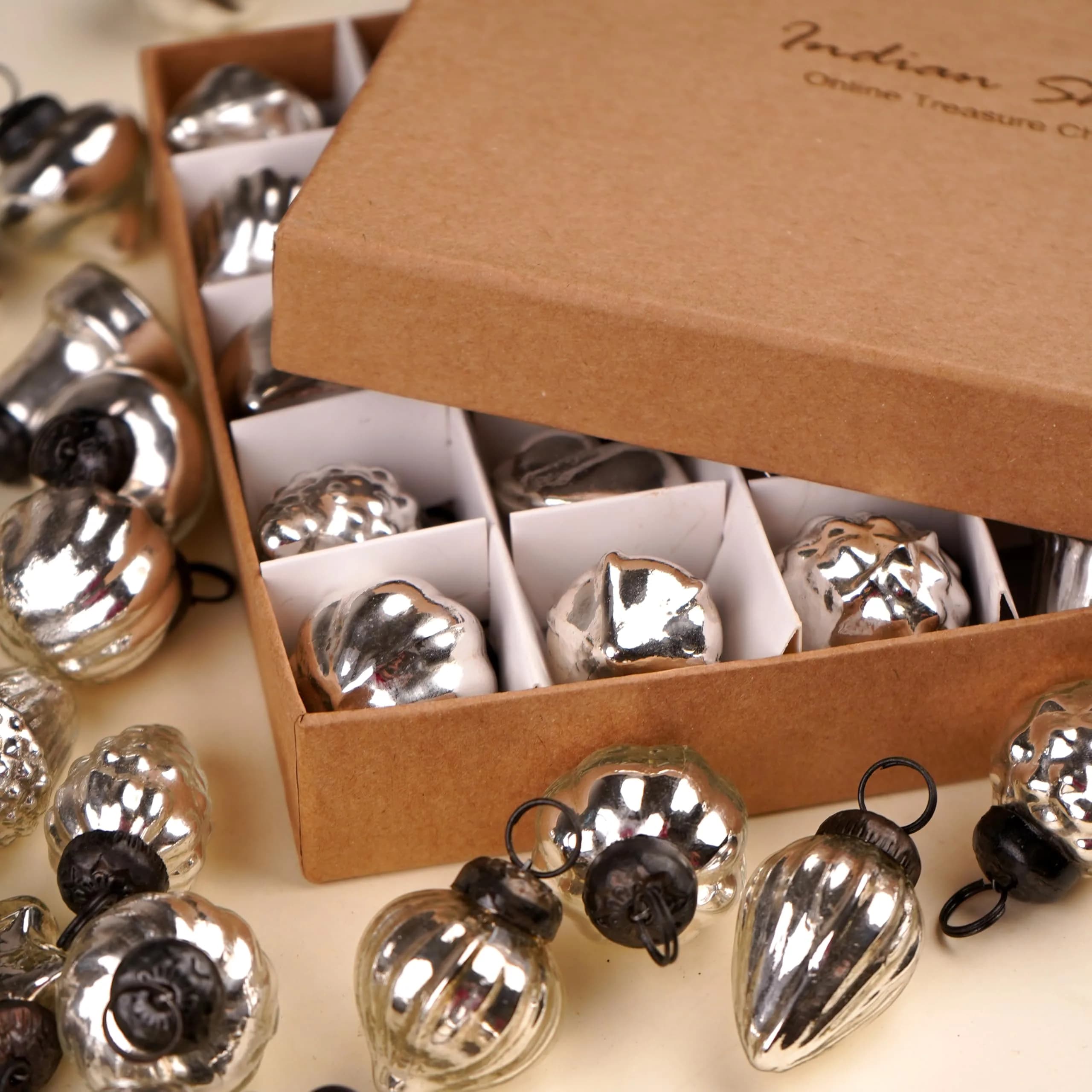 Indian Shelf Mini Silver Glass Christmas Ornaments Set of 25 | Vintage Modern Style - view 2