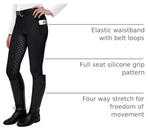 FitsT4 Sports Women's Full Seat Riding Tights Active Silicon Grip Horse Breeches Black XL | Four-Way Stretch & Extra Grip thumbnail 4
