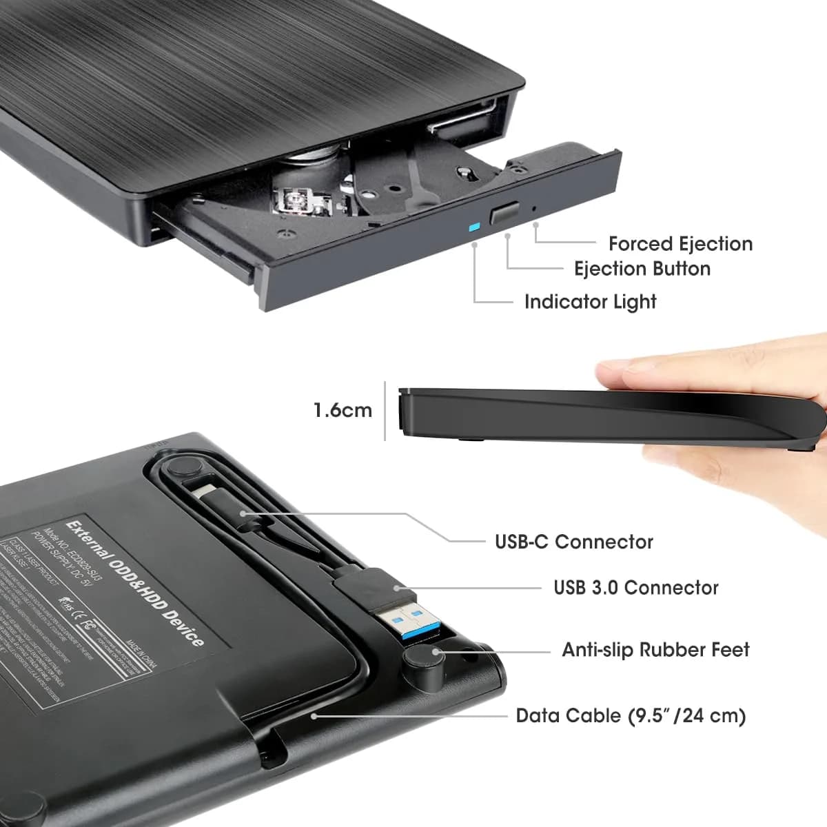 ROOFULL External CD DVD Drive with Carrying Case | USB 3.0 Type-C for Laptop & PC - view 6