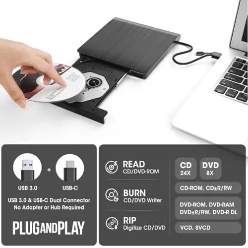 ROOFULL External CD DVD Drive with Carrying Case | USB 3.0 Type-C for Laptop & PC thumbnail 2