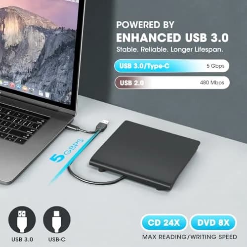 ROOFULL External CD DVD Drive with Carrying Case | USB 3.0 Type-C for Laptop & PC thumbnail 3
