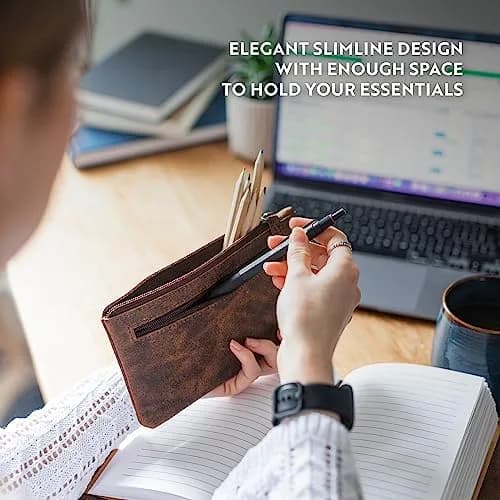 moonster Full-Grain Buffalo Leather Pen Case, 8x4 Inch | Handmade Small Leather Pouch for Pens & Stationery thumbnail 2