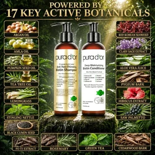 PURA D'OR Original Gold Label Anti-Thinning Biotin Shampoo & Conditioner Set 473ml (16 Fl Oz) | Clinically Tested for Hair Regrowth & Strength thumbnail 4