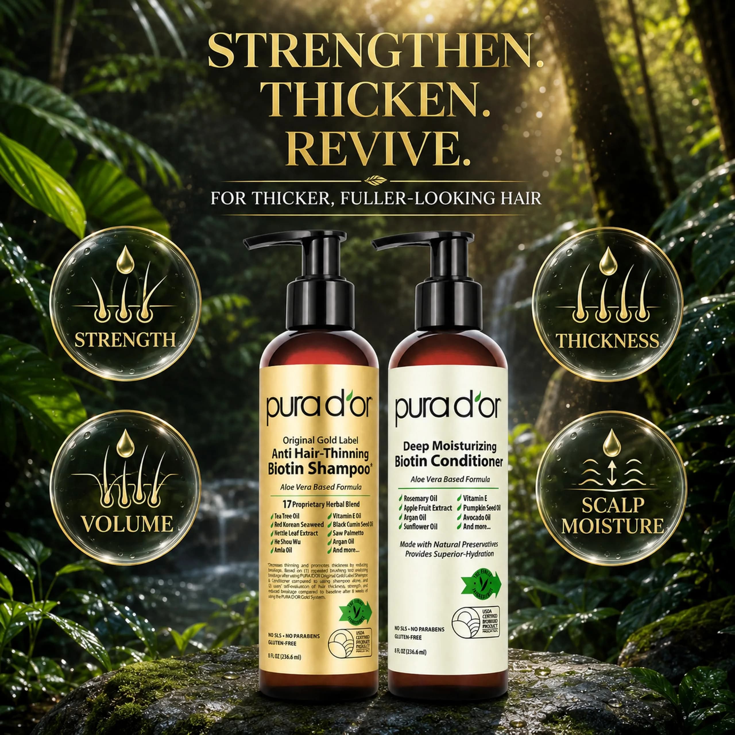 PURA D'OR Original Gold Label Anti-Thinning Biotin Shampoo & Conditioner Set 473ml (16 Fl Oz) | Clinically Tested for Hair Regrowth & Strength - view 6