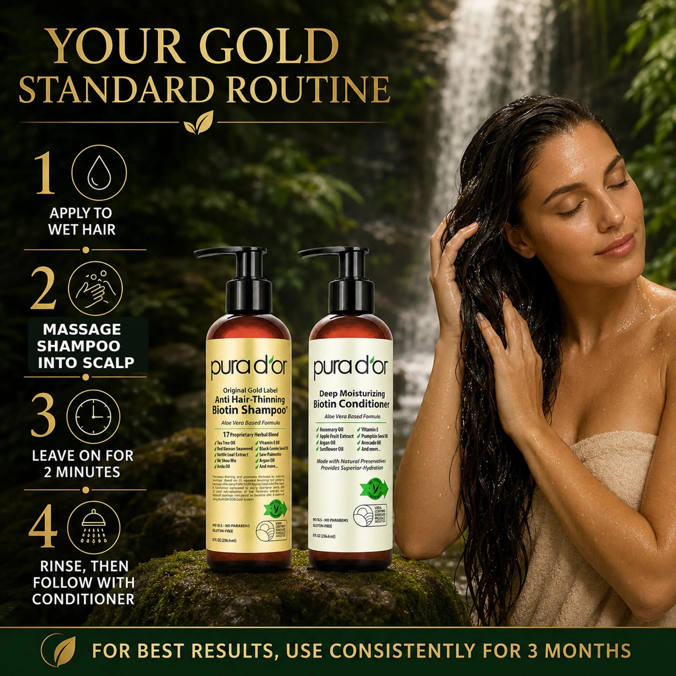 PURA D'OR Original Gold Label Anti-Thinning Biotin Shampoo & Conditioner Set 473ml (16 Fl Oz) | Clinically Tested for Hair Regrowth & Strength - view 7